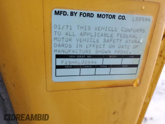 1971 Ford F-250 с VIN F25HRL00594, выставлен на аукционе Copart как лот 86818544 с пробегом 61 417 миль миль и Списание • Salvage title. История ставок и продаж доступна на DreamBid. Изображение 12.