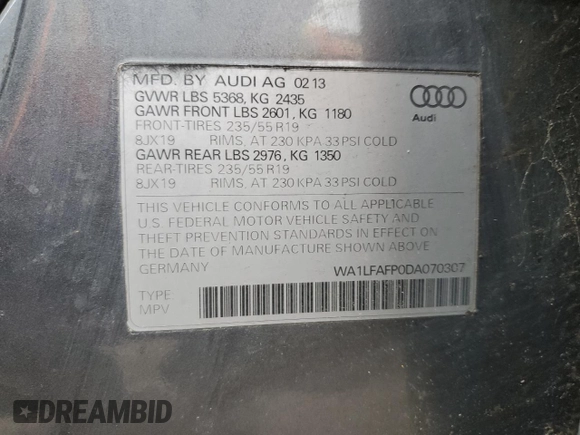 2013 Audi Q5 Premium Plus z VIN WA1LFAFP0DA070307, wystawiony jako Copart lot #52288035 z przebiegiem 142 308 mil mil oraz Nie do naprawy • Non repairable. Historia ofert i sprzedaży dostępna na DreamBid. Obrazek 14.