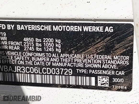2020 BMW 5 Series 530i with VIN WBAJR3C06LCD03729, listed as a IAAI auction lot 41592367 with Not Provided miles and . Bid and sale history available at DreamBid. Image 9.