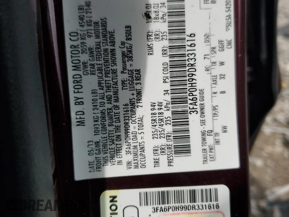 2013 Ford Fusion SE z VIN 3FA6P0H99DR331616, wystawiony jako Copart lot #61026595 z przebiegiem 179 135 mil mil oraz Szkoda całkowita • Salvage title. Historia ofert i sprzedaży dostępna na DreamBid. Obrazek 13.