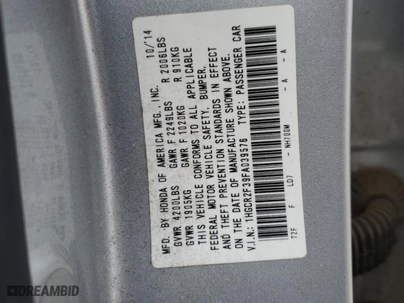 2015 Honda Accord Sedan LX with VIN 1HGCR2F39FA039576, listed as a Copart auction lot 48719025 with 58,187 mi miles and Salvage Title. Bid and sale history available at carsss.com. Image 13.