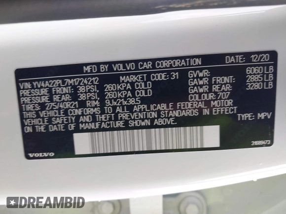 2021 Volvo XC90 Inscription with VIN YV4A22PL7M1724212, listed as a IAAI auction lot 40777149 with 55,123 mi miles. Bid and sale history available at carsss.com. Image 9.