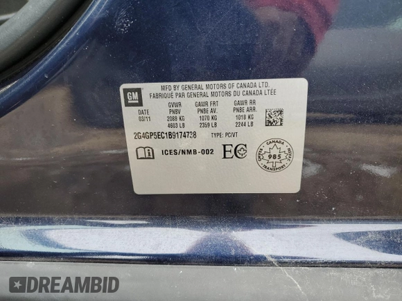 2011 Buick Regal CXL RL2 with VIN 2G4GP5EC1B9174738, listed as a Copart auction lot 45486125 with 51,169 mi miles and Salvage title. Bid and sale history available at DreamBid. Image 12.