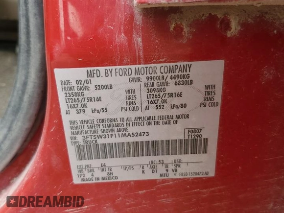 2001 Ford F-350 XL z VIN 3FTSW31F11MA52473, wystawiony jako Copart lot #58697325 z przebiegiem 258 150 mil mil oraz Szkoda całkowita • Salvage title. Historia ofert i sprzedaży dostępna na DreamBid. Obrazek 12.