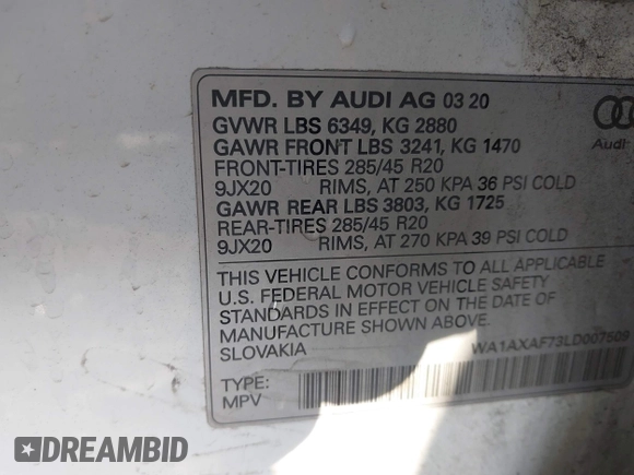 2020 Audi Q7 Premium with VIN WA1AXAF73LD007509, listed as a IAAI auction lot 42048929 with 73,948 mi miles and . Bid and sale history available at DreamBid. Image 9.