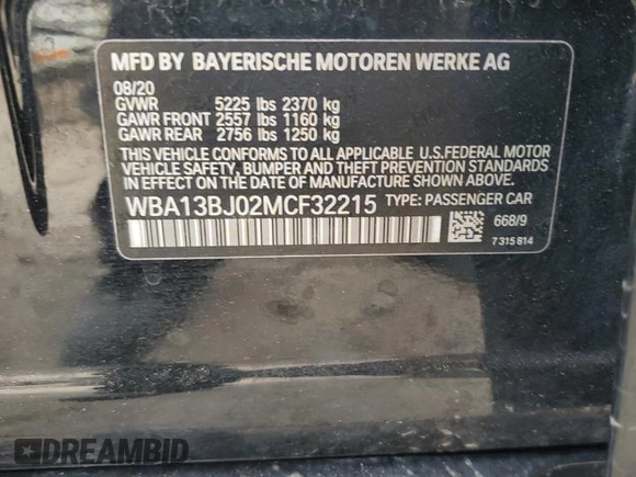 2021 BMW 5 Series 530i xDrive with VIN WBA13BJ02MCF32215, listed as a Copart auction lot 55779575 with 67,983 mi miles and Salvage title. Bid and sale history available at DreamBid. Image 13.