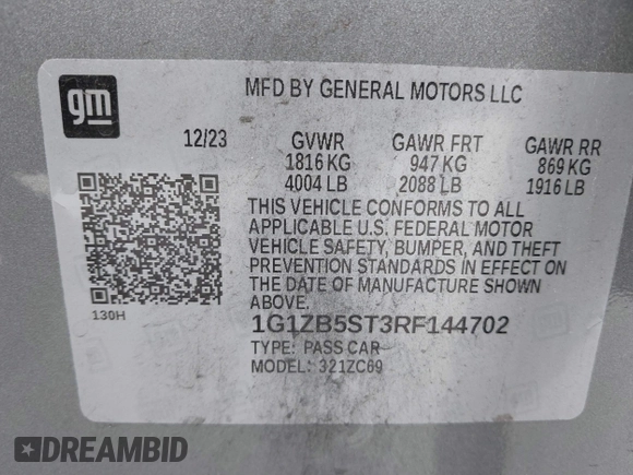 2024 Chevrolet Malibu LS with VIN 1G1ZB5ST3RF144702, listed as a IAAI auction lot 41136066 with 13,925 mi miles and . Bid and sale history available at DreamBid. Image 9.