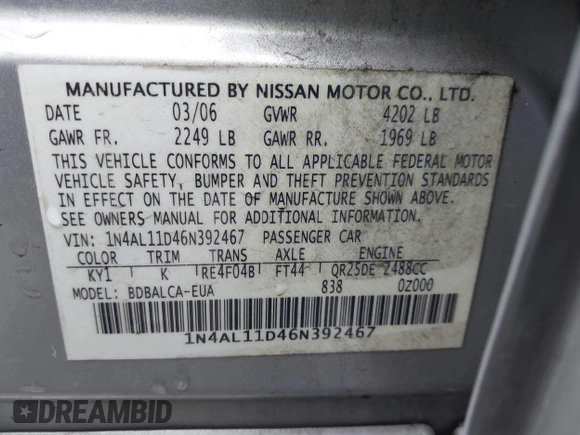 2006 Nissan Altima S with VIN 1N4AL11D46N392467, listed as a IAAI auction lot 41605074 with 96,987 mi miles and . Bid and sale history available at DreamBid. Image 9.