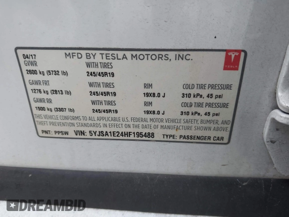 2017 Tesla Model S 100D z VIN 5YJSA1E24HF195488, wystawiony jako IAAI lot #42073744 z przebiegiem 108 577 mil mil oraz . Historia ofert i sprzedaży dostępna na DreamBid. Obrazek 9.