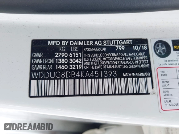 2019 Mercedes-Benz S 560 с VIN WDDUG8DB4KA451393, выставлен на аукционе IAAI как лот 42180862 с пробегом 73 781 миль миль и . История ставок и продаж доступна на DreamBid. Изображение 9.