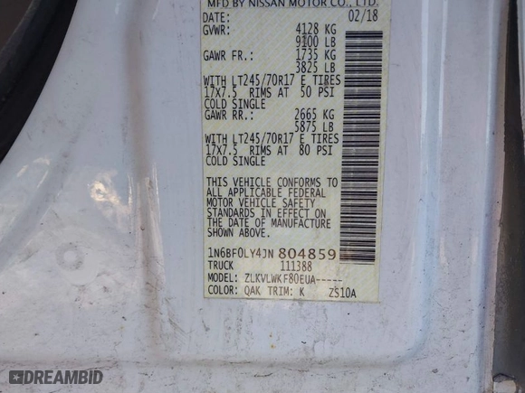 2018 Nissan NV Cargo S with VIN 1N6BF0LY4JN804859, listed as a IAAI auction lot 41230160 with 208,770 mi miles. Bid and sale history available at carsss.com. Image 9.