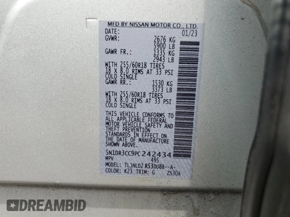 2023 Nissan Pathfinder SL with VIN 5N1DR3CC9PC242434, listed as a Copart auction lot 63191855 with 31,893 mi miles and Salvage title. Bid and sale history available at DreamBid. Image 13.