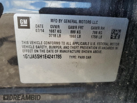 2014 Chevrolet Sonic LS with VIN 1G1JA5SH1E4241785, listed as a Copart auction lot 61914455 with 95,014 mi miles and Clean title. Bid and sale history available at DreamBid. Image 12.