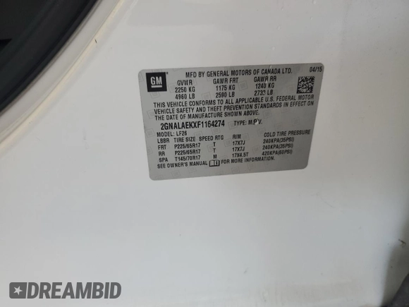 2015 Chevrolet Equinox LS with VIN 2GNALAEKXF1164274, listed as a Copart auction lot 51922125 with 121,260 mi miles and Clean Title. Bid and sale history available at DreamBid. Image 13.
