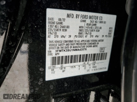 2022 Ford Mustang Mach-E Premium with VIN 3FMTK3SU1NMA43576, listed as a Copart auction lot 48237545 with 28,177 mi miles and Salvage Title. Bid and sale history available at DreamBid. Image 13.