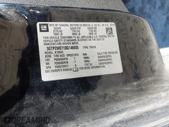 2013 GMC Sierra 1500 SLT with VIN 3GTP2WE71DG146605, listed as a IAAI auction lot 41334159 with 224,640 mi miles and . Bid and sale history available at DreamBid. Image 9.
