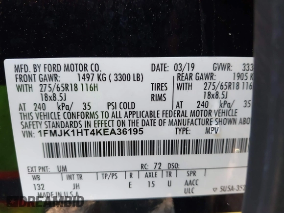 2019 Ford Expedition Max XLT z VIN 1FMJK1HT4KEA36195, wystawiony jako IAAI lot #41764739 z przebiegiem 106 543 mil mil oraz . Historia ofert i sprzedaży dostępna na DreamBid. Obrazek 9.