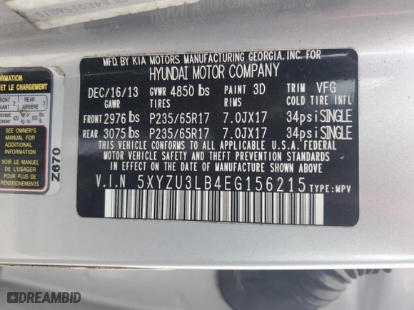 2014 Hyundai Santa Fe Sport with VIN 5XYZU3LB4EG156215, listed as a Copart auction lot 50605235 with 150,909 mi miles and Clean Title. Bid and sale history available at carsss.com. Image 13.