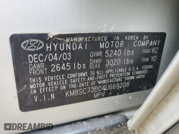 2004 Hyundai Santa Fe GLS with VIN KM8SC73D04U669208, listed as a Copart auction lot 47718054 with 130,040 mi miles and Salvage Title. Bid and sale history available at carsss.com. Image 15.