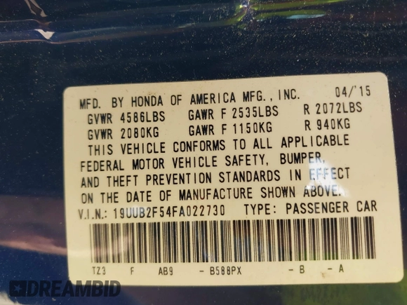 2015 Acura TLX Technology with VIN 19UUB2F54FA022730, listed as a IAAI auction lot 42590966 with 202,855 mi miles and . Bid and sale history available at DreamBid. Image 9.
