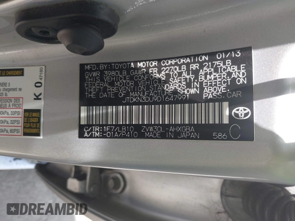 2013 Toyota Prius One with VIN JTDKN3DU9D1647991, listed as a IAAI auction lot 42188530 with 221,732 mi miles and . Bid and sale history available at DreamBid. Image 9.
