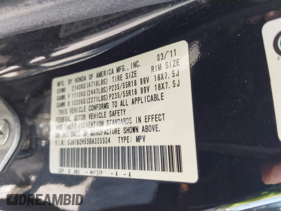 2011 Acura RDX Technology with VIN 5J8TB2H55BA005504, listed as a IAAI auction lot 42088987 with 187,327 mi miles and . Bid and sale history available at DreamBid. Image 9.