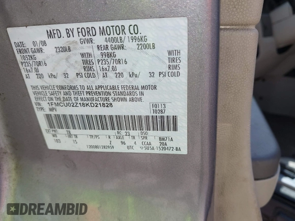 2008 Ford Escape XLS with VIN 1FMCU02Z18KD21828, listed as a IAAI auction lot 42506293 with 254,958 mi miles and . Bid and sale history available at DreamBid. Image 9.