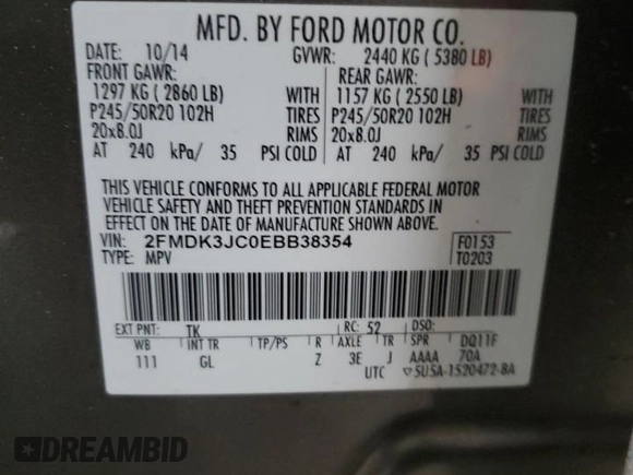 2014 Ford Edge SEL with VIN 2FMDK3JC0EBB38354, listed as a Copart auction lot 43986015 with 104,139 mi miles and Salvage Title. Bid and sale history available at carsss.com. Image 14.