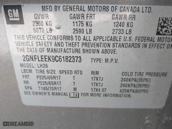 2012 Chevrolet Equinox LT w/1LT with VIN 2GNFLEEK9C6182373, listed as a IAAI auction lot 41847549 with 186,248 mi miles. Bid and sale history available at carsss.com. Image 9.