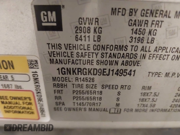 2014 Chevrolet Traverse LT with VIN 1GNKRGKD9EJ149541, listed as a IAAI auction lot 41945942 with 186,531 mi miles. Bid and sale history available at carsss.com. Image 9.