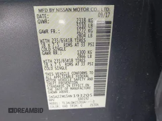 2017 Nissan Murano SV with VIN 5N1AZ2MG5HN193205, listed as a IAAI auction lot 41994619 with 85,509 mi miles. Bid and sale history available at carsss.com. Image 9.