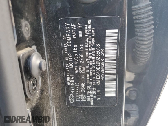2013 Hyundai Genesis 3.8L with VIN KMHGC4DD2DU235018, listed as a Copart auction lot 68791954 with 171,739 mi miles and Salvage Title. Bid and sale history available at carsss.com. Image 12.