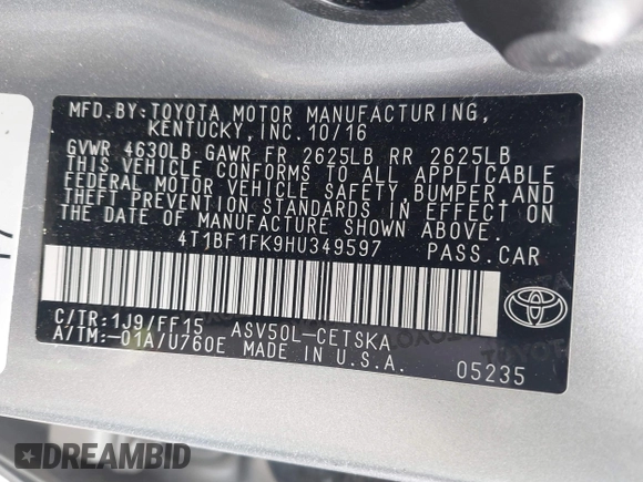 2017 Toyota Camry XLE z VIN 4T1BF1FK9HU349597, wystawiony jako IAAI lot #41857062 z przebiegiem 40 898 mil mil oraz . Historia ofert i sprzedaży dostępna na DreamBid. Obrazek 9.