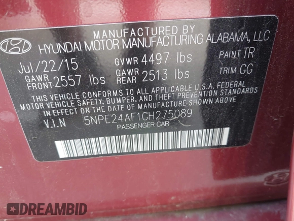 2016 Hyundai Sonata SE with VIN 5NPE24AF1GH275089, listed as a IAAI auction lot 42121207 with 139,953 mi miles and . Bid and sale history available at carsss.com. Image 9.