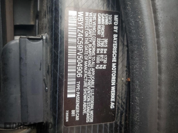 2015 BMW i3 with VIN WBY1Z4C59FV504906, listed as a Copart auction lot 63290095 with Not provided miles and Salvage title. Bid and sale history available at DreamBid. Image 13.