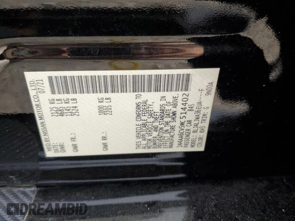 2021 Nissan Maxima SV z VIN 1N4AA6CV5MC514402, wystawiony jako Copart lot #56296955 z przebiegiem 59 428 mil mil oraz Szkoda całkowita • Salvage title. Historia ofert i sprzedaży dostępna na DreamBid. Obrazek 13.