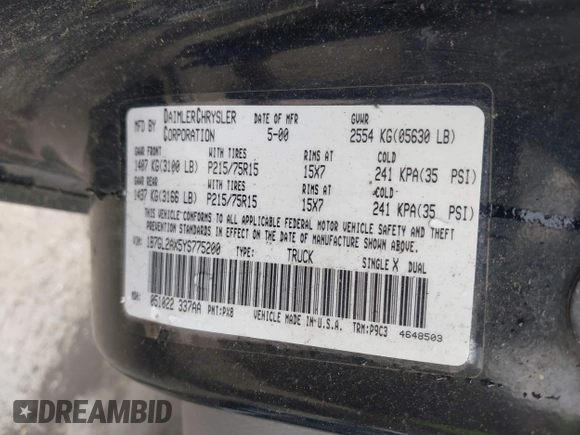 2000 Dodge Dakota Sport с VIN 1B7GL2AX5YS775200, выставлен на аукционе IAAI как лот 42113896 с пробегом 224 337 миль миль и . История ставок и продаж доступна на DreamBid. Изображение 9.
