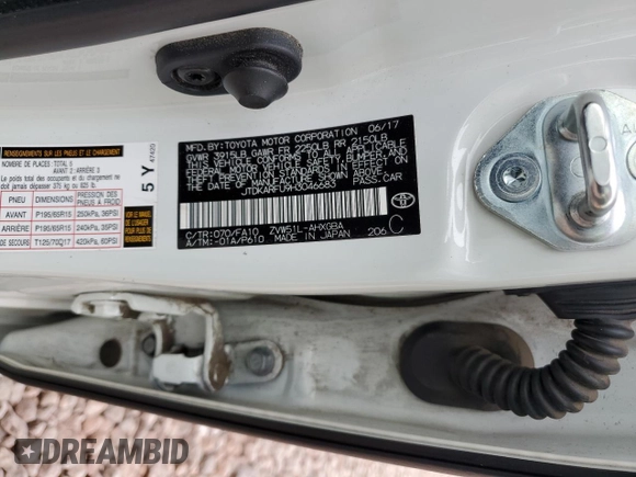 2017 Toyota Prius Two with VIN JTDKARFU9H3046683, listed as a Copart auction lot 53076595 with 49,404 mi miles and Salvage Title. Bid and sale history available at DreamBid. Image 12.
