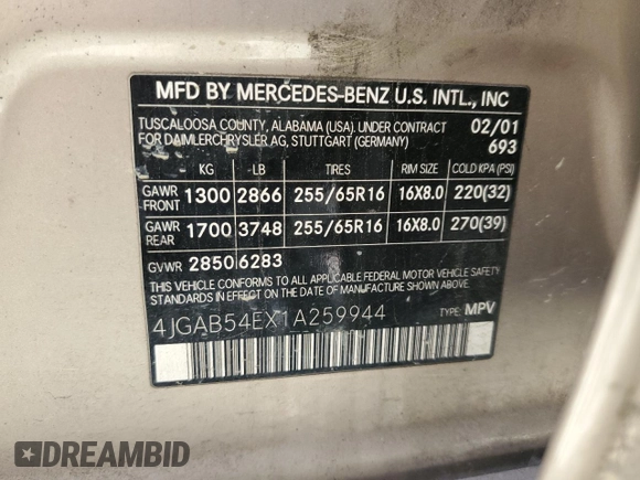 2001 Mercedes-Benz M-Class with VIN 4JGAB54EX1A259944, listed as a Copart auction lot 62058904 with 178,674 mi miles and Clean Title. Bid and sale history available at carsss.com. Image 13.