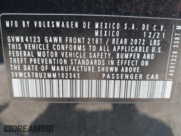 2021 Volkswagen Jetta S with VIN 3VWC57BU2MM102343, listed as a IAAI auction lot 42102193 with 33,205 mi miles and . Bid and sale history available at DreamBid. Image 9.