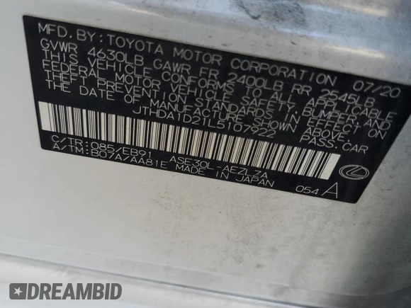 2020 Lexus IS 300 with VIN JTHDA1D21L5107922, listed as a Copart auction lot 59723475 with 59,478 mi miles and Salvage title. Bid and sale history available at DreamBid. Image 12.