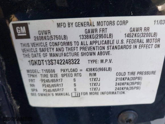 2004 GMC Envoy SLE with VIN 1GKDT13S742248322, listed as a IAAI auction lot 41275622 with 84,784 mi miles. Bid and sale history available at carsss.com. Image 9.
