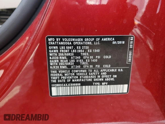 2018 Volkswagen Atlas SEL with VIN 1V2RR2CAXJC598898, listed as a Copart auction lot 58301435 with 80,162 mi miles and Salvage title. Bid and sale history available at DreamBid. Image 13.