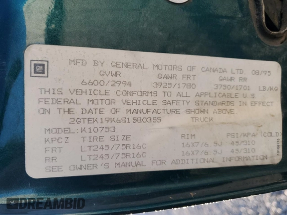 1995 GMC Sierra 1500 z VIN 2GTEK19K6S1580355, wystawiony jako Copart lot #87416254 z przebiegiem 162 829 mil mil oraz Szkody całkowita. Historia ofert i sprzedaży dostępna na DreamBid. Obrazek 14.