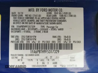 2015 Ford Mustang EcoBoost with VIN 1FA6P8TH9F5317329, listed as a IAAI auction lot 41966041 with 61,357 mi miles and . Bid and sale history available at carsss.com. Image 9.
