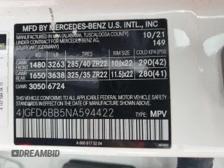 2022 Mercedes-Benz GLE 53 AMG with VIN 4JGFD6BB5NA594422, listed as a Copart auction lot 52008115 with 63,369 mi miles and Salvage title. Bid and sale history available at DreamBid. Image 13.
