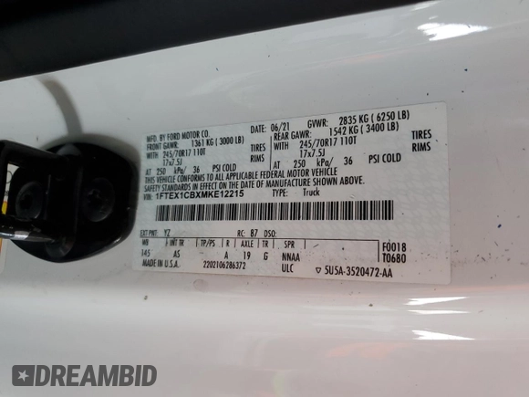 2021 Ford F-150 XL with VIN 1FTEX1CBXMKE12215, listed as a Copart auction lot 58756335 with Not provided miles and Salvage title. Bid and sale history available at DreamBid. Image 12.