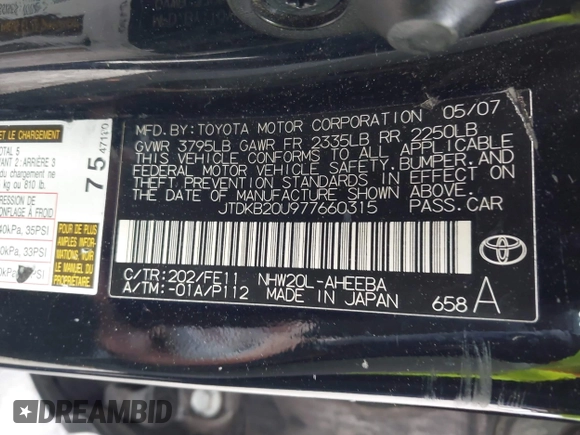2007 Toyota Prius with VIN JTDKB20U977660315, listed as a IAAI auction lot 42097560 with 158,187 mi miles. Bid and sale history available at carsss.com. Image 9.