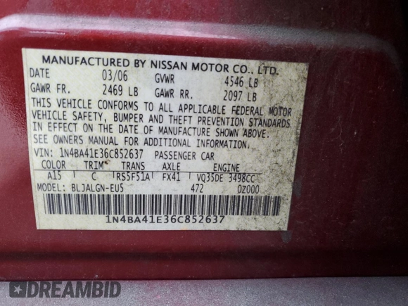 2006 Nissan Maxima 3.5 SL with VIN 1N4BA41E36C852637, listed as a Copart auction lot 66534603 with 149,033 mi miles and Salvage Title. Bid and sale history available at carsss.com. Image 15.