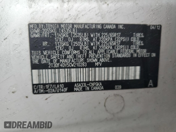 2012 Toyota RAV4 Limited with VIN 2T3DF4DV5CW210283, listed as a Copart auction lot 46901665 with 140,613 mi miles and Clean Title. Bid and sale history available at DreamBid. Image 15.